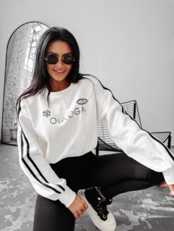 OLAVOGA White Women’s Sweatshirt with Side Stripes and Unique Print