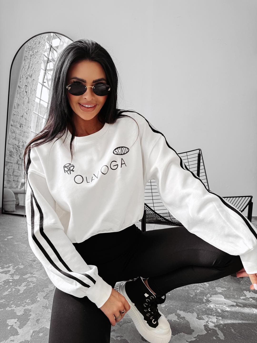 OLAVOGA White Women’s Sweatshirt with Side Stripes and Unique Print