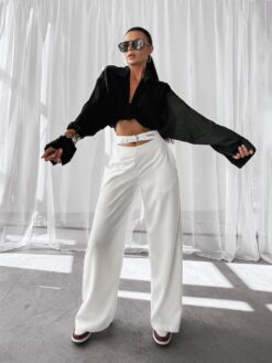 OLAVOGA Women’s Linen Trousers – High Waist, Wide Leg, Logo Belt