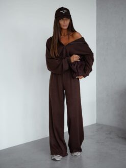 Women’s Knitted Two-Piece Set with Hooded Zip Top- Chocolate