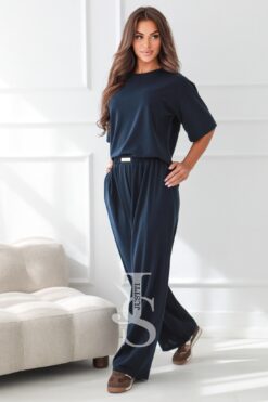 Premium Two-Piece Set with Short-Sleeve Top and Wide-Leg Pants – Navy