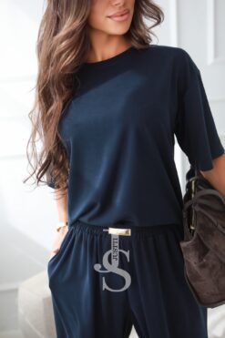 Alternative view of Premium Two-Piece Set with Short-Sleeve Top and Wide-Leg Pants – Navy